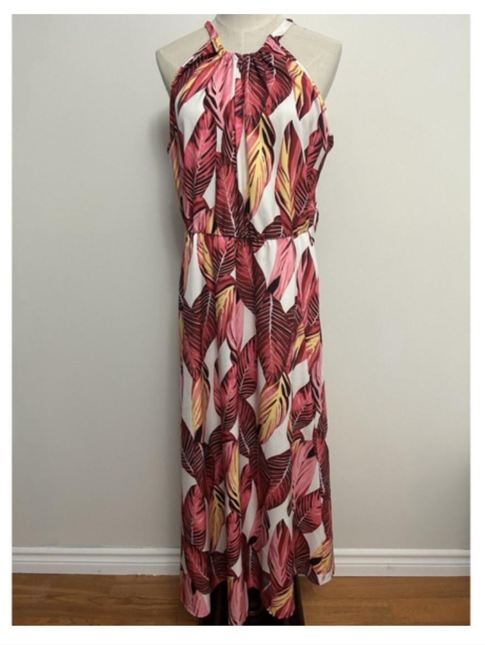Bloomchic Tropical Leaf Vacation Maxi Dress Halter Neck Tie Breezy Pockets 12